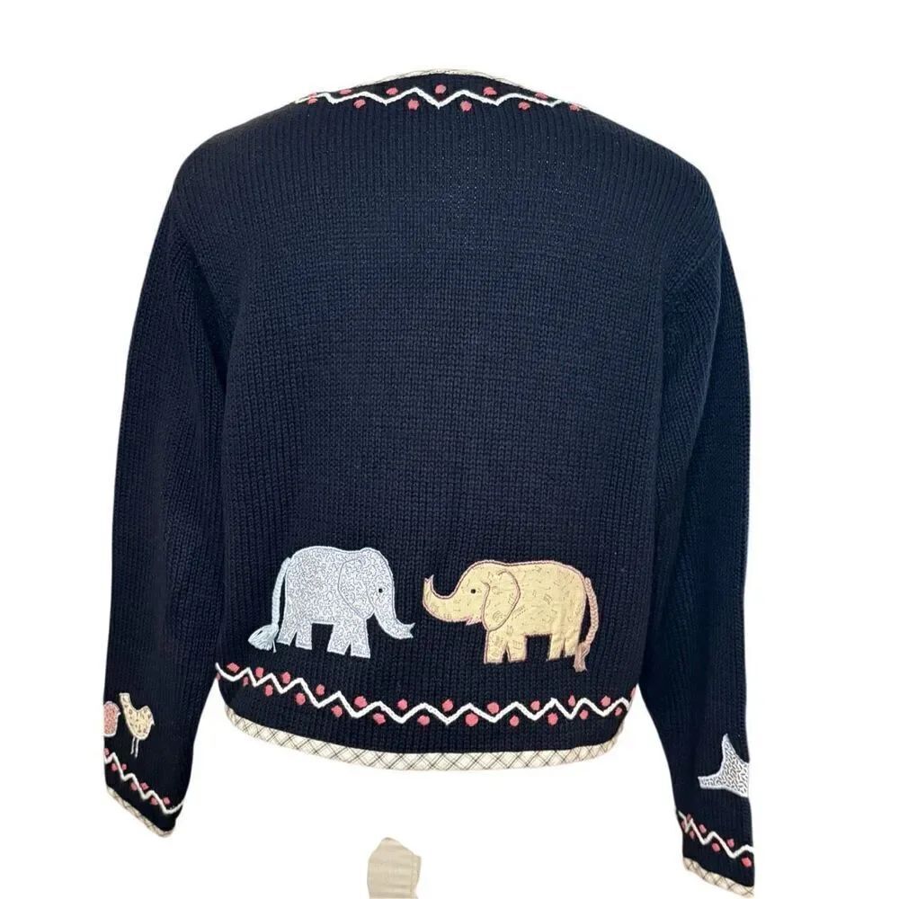 Orvis Cardigan Sz. L Appliqué Flowers & Elephants Vintage Chunky Ramie - Picture 6 of 12